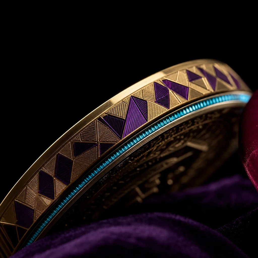 Geometric gold crypto coins on royal purple velvet